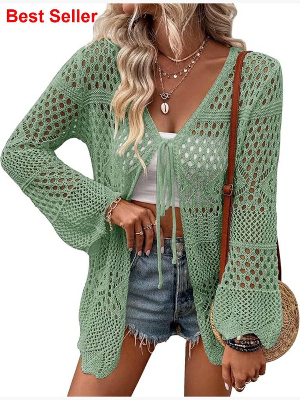 Crochet Cardigan Lightweight Long Sleeve Tie Front Hollow Out